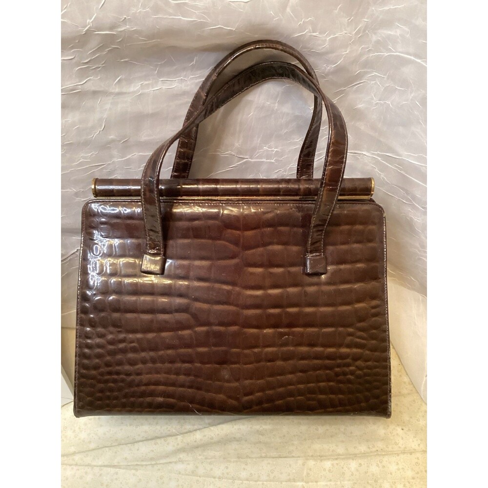 ETRA Brown GENUINE LEATHER Patent Croc Finish Double Handle Shoulder Bag Unique